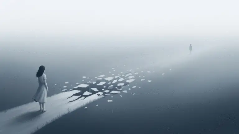 A lone person stands on a path that fades into the mist, representing emotional distance in a relationship.