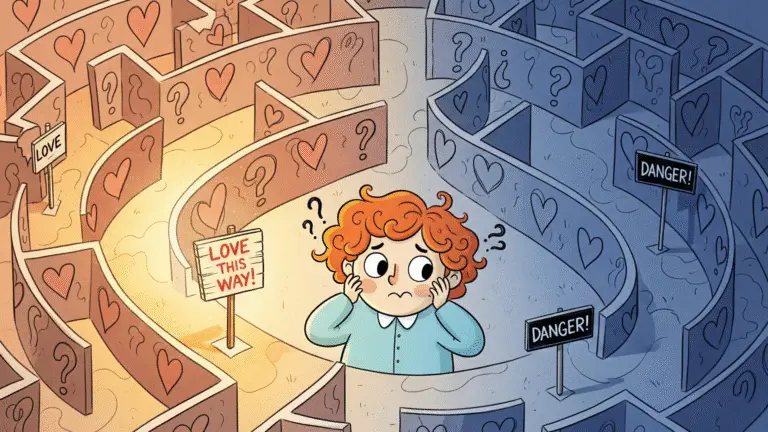 Illustration of a person navigating a heart-shaped maze representing fearful avoidant attachment in dating.