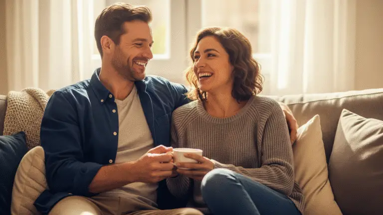 A man and a woman laughing together on a sofa, illustrating a moment of emotional safety in a relationship.