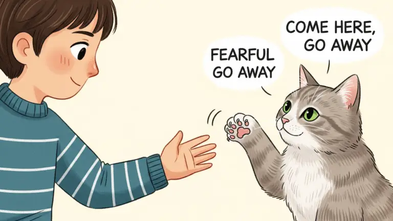 Illustration of a cat wanting pets but ready to scratch, symbolizing fearful avoidant attachment.