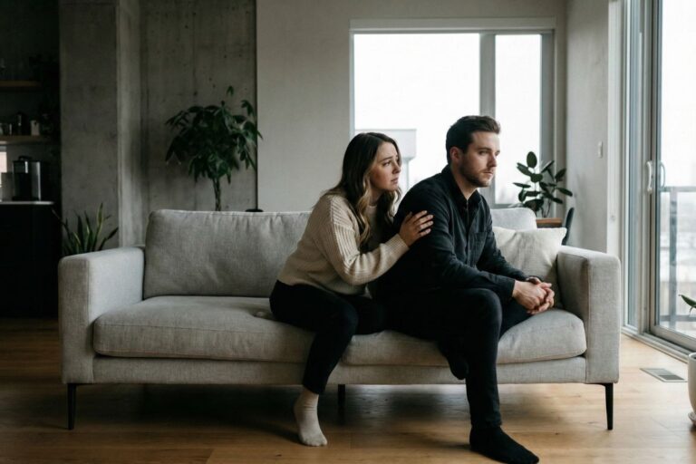 A man with an avoidant attachment style creating emotional distance from his partner on a couch.