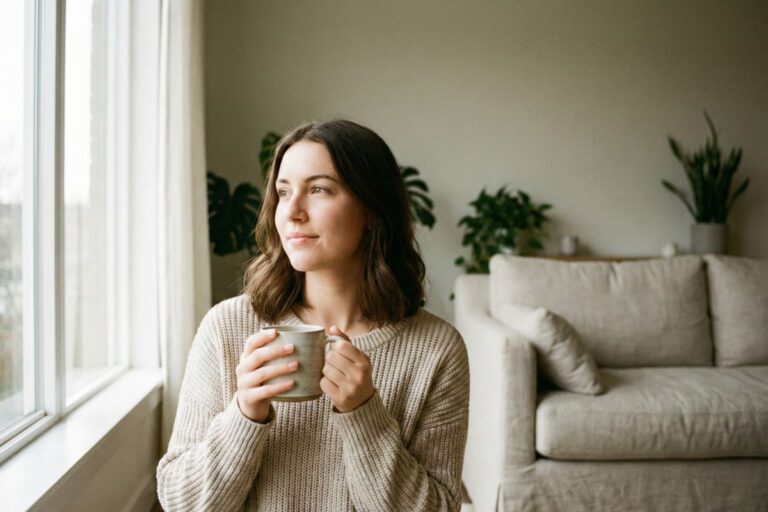 A woman looking peacefully out a window, embodying the calm that comes from having strong dating standards for women.
