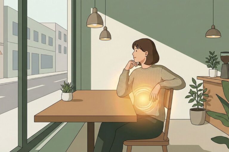 A woman sits in a cafe, listening to her gut feeling and trusting her intuition in dating.