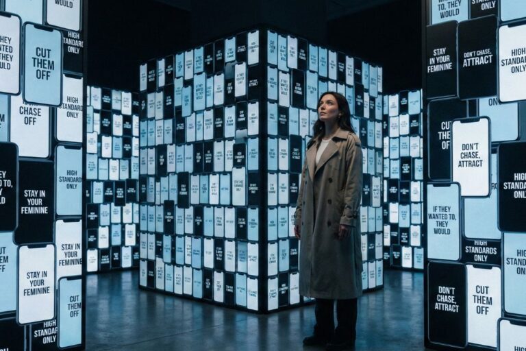 A woman stands lost within a maze made of glowing phone screens that show conflicting viral relationship advice.