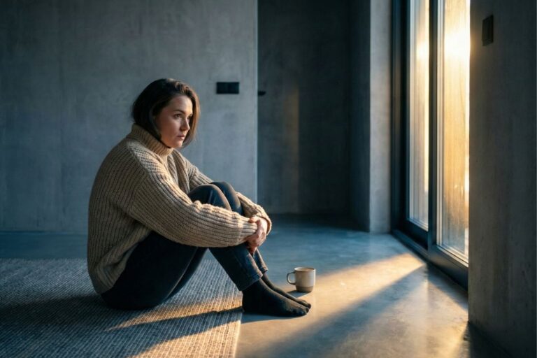 Woman sitting in shadows hugging knees, representing avoidant attachment and the fear of vulnerability vs. safety.