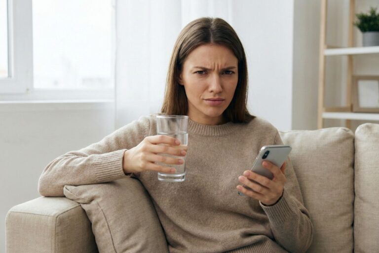 Woman annoyed by inconsistent communication dating signals on her phone.