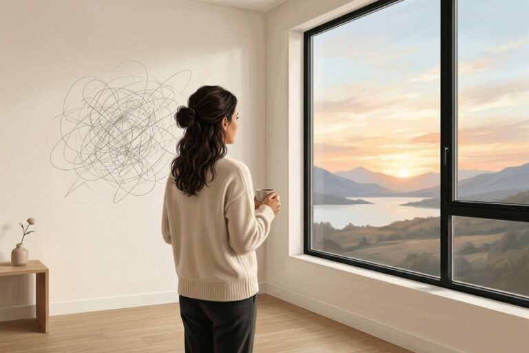 A woman stands peacefully, looking at a sunrise, representing her healing journey from anxious attachment to inner security.