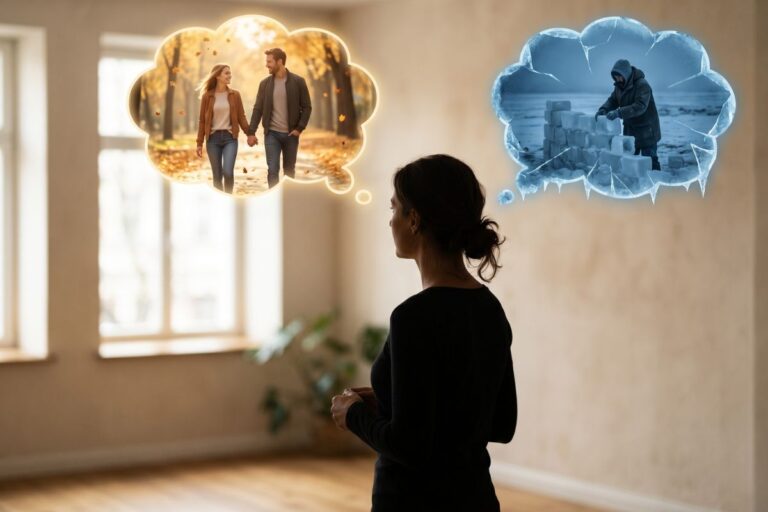Illustration of the fearful-avoidant attachment style's internal conflict between wanting connection and fearing intimacy.