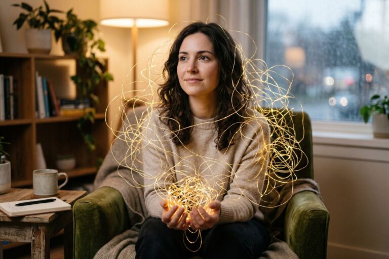 Woman understanding her anxious attachment style as a complex internal system, not a flaw.