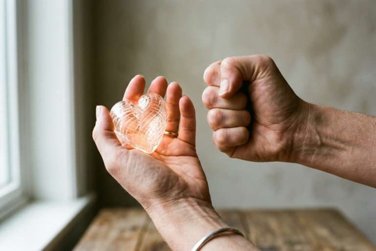 A person's hands holding a glass heart, symbolizing the inner conflict of self-sabotage in relationships.