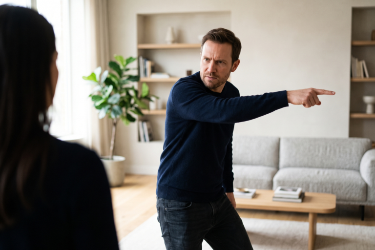 Man gesturing accusingly during a tense conversation, body language showing projection