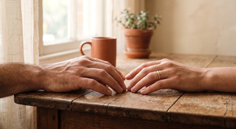Two hands almost touching on a table, symbolizing the ambiguous pull between chemistry and a trauma bond