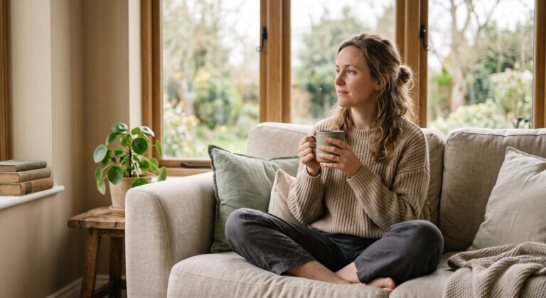 Woman sitting calmly by a window, representing the felt sense of emotional safety in attachment healing