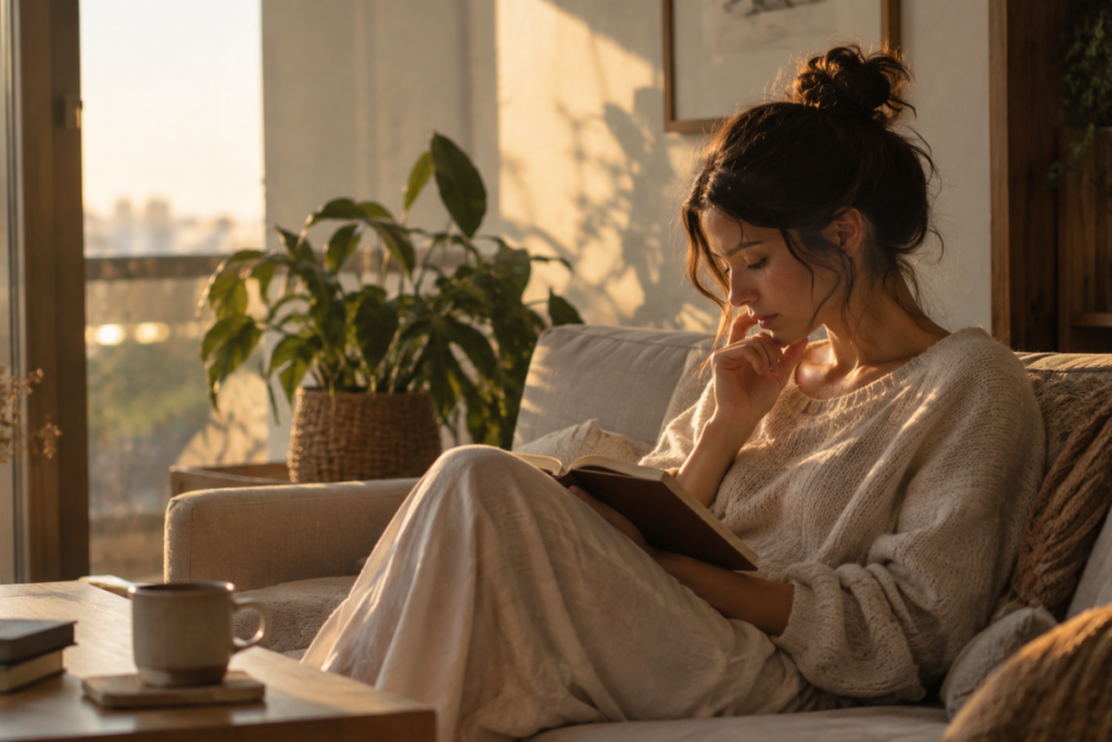 A person practicing emotional journaling and introspection in a calm room, symbolizing the journey through delayed grief and attachment healing.