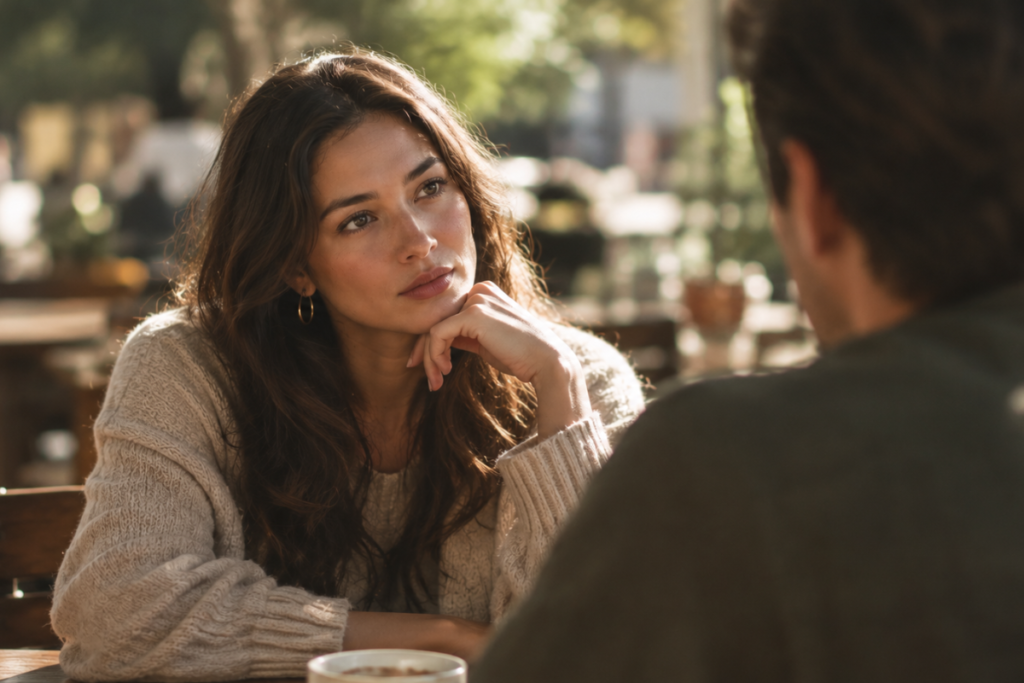 A thoughtful woman sitting across from a partner having a grounded, intentional conversation in a sunlit cafe.