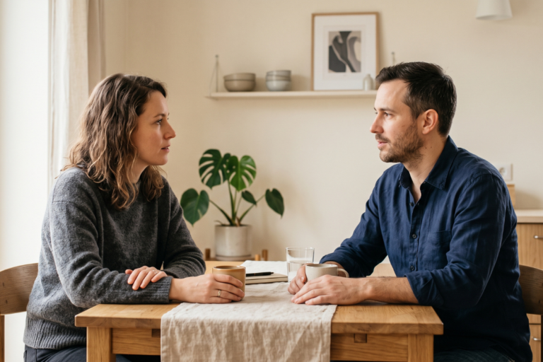 Couple having a calm, focused conversation at a kitchen table