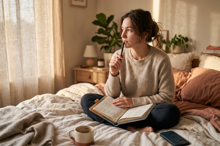 Woman reflecting on her dating patterns and childhood influences while journaling in golden light