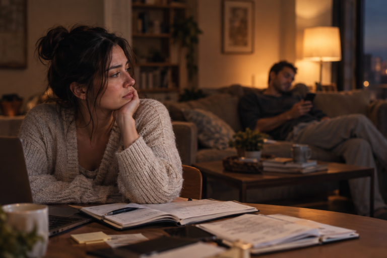 Tired woman sitting at a table feeling emotionally drained while her disengaged partner sits on the couch
