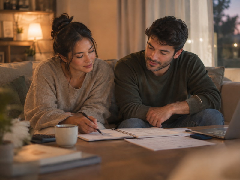 A couple calmly discussing life plans and schedules together, embodying relationship compatibility and emotional safety.