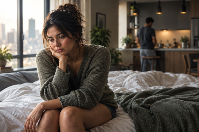 Woman experiencing emotional exhaustion and relationship anxiety while reflecting in bedroom