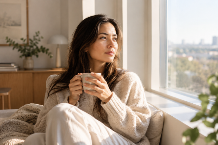 Woman holding a ceramic cup by a sunlit window symbolizing peaceful detachment after an avoidant breakup.