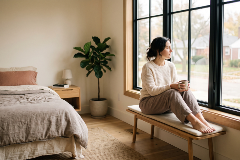 Woman sitting by a window in soft morning light, reflecting on why she stays in a one-sided relationship