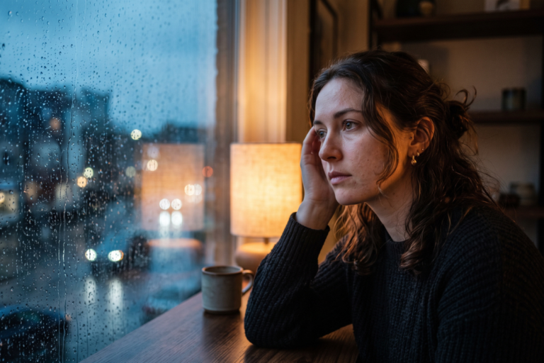 Woman sitting by a window looking thoughtful, illustrating the feeling of being self-aware but emotionally stuck