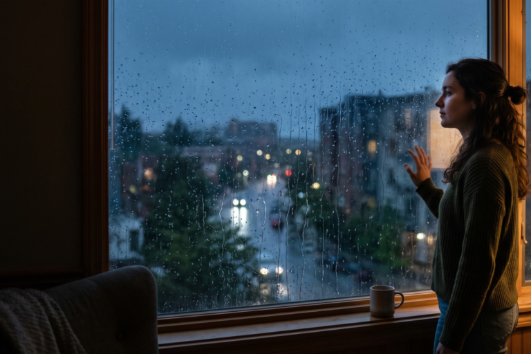 Woman standing at window reflecting on attachment patterns in relationships