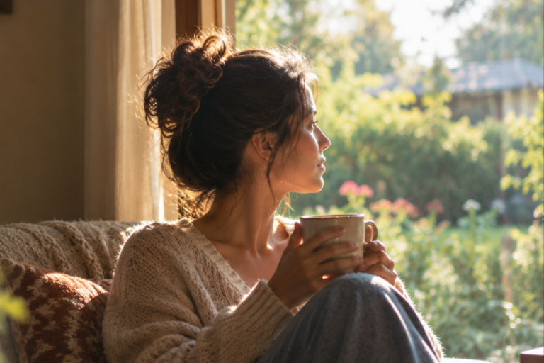Woman standing peacefully by a sunlit window experiencing clarity and letting go of overfunctioning in a relationship