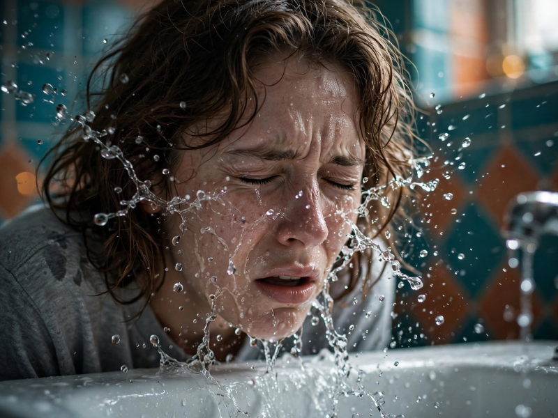 A person splashing freezing cold water on their face with their eyes closed, demonstrating somatic nervous system regulation to stop an amygdala hijack.
