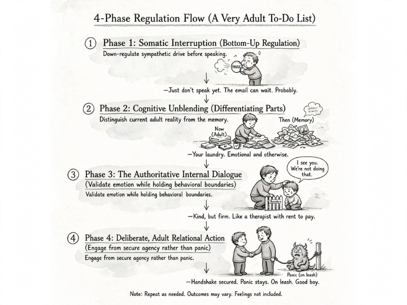 New Yorker-style cartoon titled 4-Phase Regulation Flow (A Very Adult To-Do List), hand-drawn ink with light gray wash. Phase 1: Somatic Interruption (Bottom-Up Regulation) - Down-regulate sympathetic drive before speaking. Small figure blowing into a PAUSE button balloon with caption Just don't speak yet. The email can wait. Probably. Phase 2: Cognitive Unblending (Differentiating Parts) - Distinguish current adult reality from the memory. Figure sorting neat stack labeled Now (Adult) versus messy pile labeled Then (Memory) with old photos. Caption Your laundry. Emotional and otherwise. Phase 3: The Authoritative Internal Dialogue (Validate emotion while holding behavioral boundaries) - Adult figure gently patting a crying inner-child while holding a tiny picket fence labeled Boundary, speech bubble I see you. We're not doing that. Caption Kind, but firm. Like a therapist with rent to pay. Phase 4: Deliberate, Adult Relational Action (Engage from secure agency rather than panic) - Two people calmly shaking hands while a fuzzy panic monster sits tied to a post labeled Panic (on leash). Caption Handshake secured. Panic stays. On leash. Good boy. Footer Note: Repeat as needed. Outcomes may vary. Feelings not included.