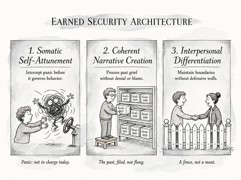New Yorker cartoon triptych titled Earned Security Architecture. Panel 1: person stopping a scribble panic monster from grabbing a steering wheel, labeled Somatic Self-Attunement. Panel 2: person filing boxes labeled Grief on shelves, labeled Coherent Narrative Creation. Panel 3: two people shaking hands over a white picket fence, labeled Interpersonal Differentiation.