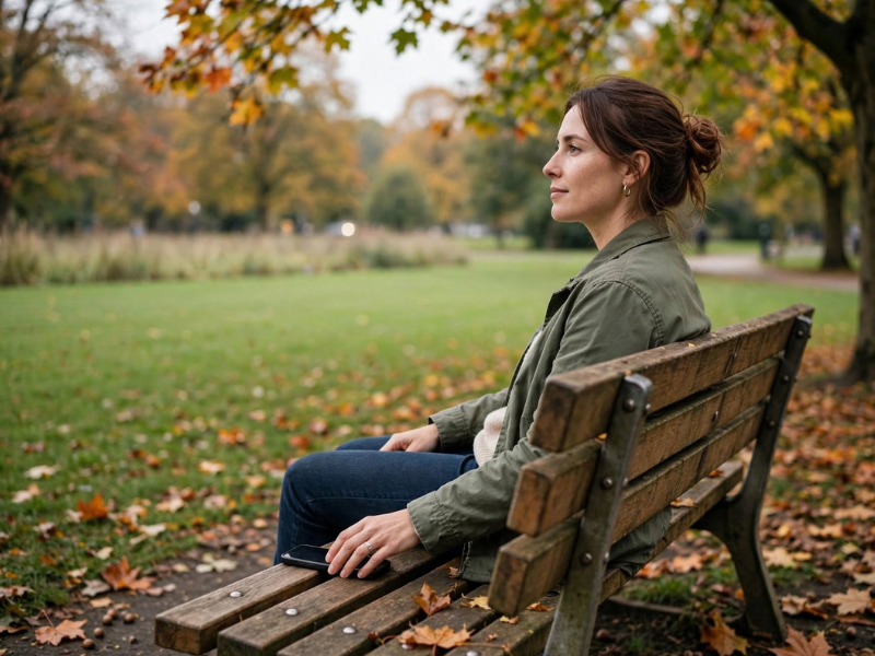 Phone set down on the bench slats, relaxed posture, gaze out to the open green lawn in early autumn.
