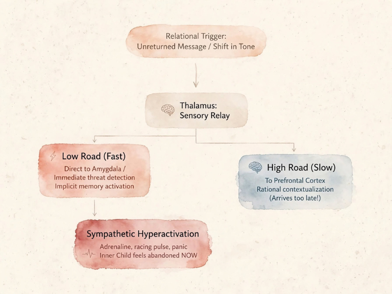 Minimalist soft watercolor flowchart on cream textured paper. Top pill in peach wash: Relational Trigger - Unreturned Message / Shift in Tone. Thin arrow down to beige pill with brain icon: Thalamus - Sensory Relay. From there a T-shaped branch splits. Left branch in coral-pink wash with lightning icon: Low Road (Fast) - Direct to Amygdala / Immediate threat detection / Implicit memory activation, with arrow down to deeper rose wash: Sympathetic Hyperactivation - Adrenaline, racing pulse, panic / Inner Child feels abandoned NOW with heartbeat line icon. Right branch in soft blue-gray wash with brain icon, slightly faded: High Road (Slow) - To Prefrontal Cortex / Rational contextualization / Arrives too late! Clean thin arrows, delicate watercolor edges, serene empathetic mood.