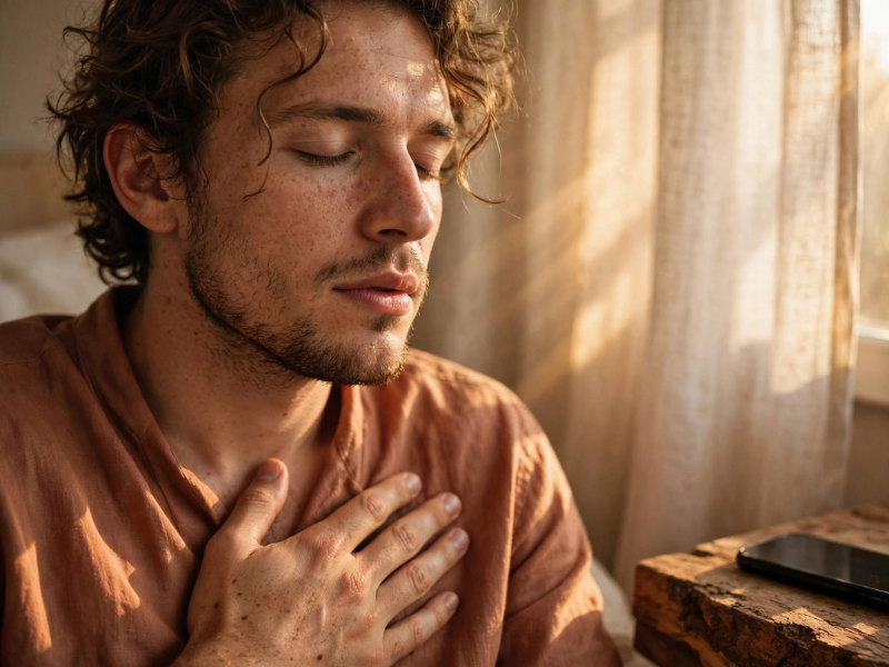 Person practicing somatic self-soothing and nervous system regulation by placing a hand over their heart while setting their phone face down.
