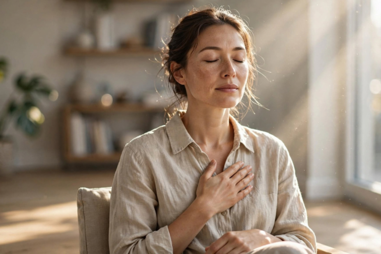 Soft morning sun across the wood floor, dust motes in the air, hand gently over chest, eyes closed — ultra-detailed linen and skin texture, 35mm f2.0 depth, calm self-possession perfectly captured