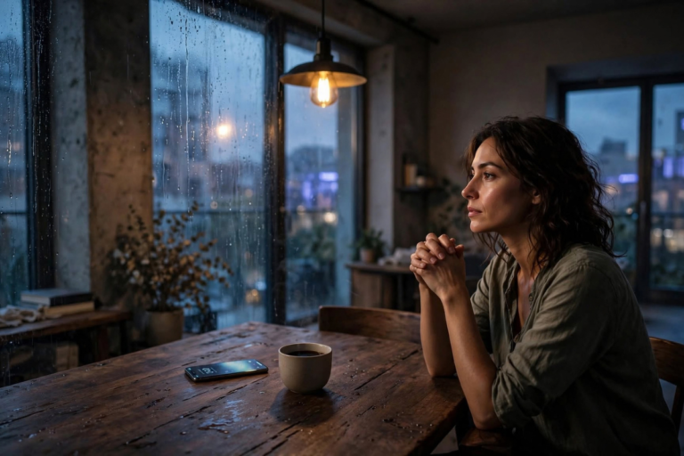 Woman experiencing relationship anxiety and protest behaviors, sitting alone at a table with an unread phone in a dimly lit room.